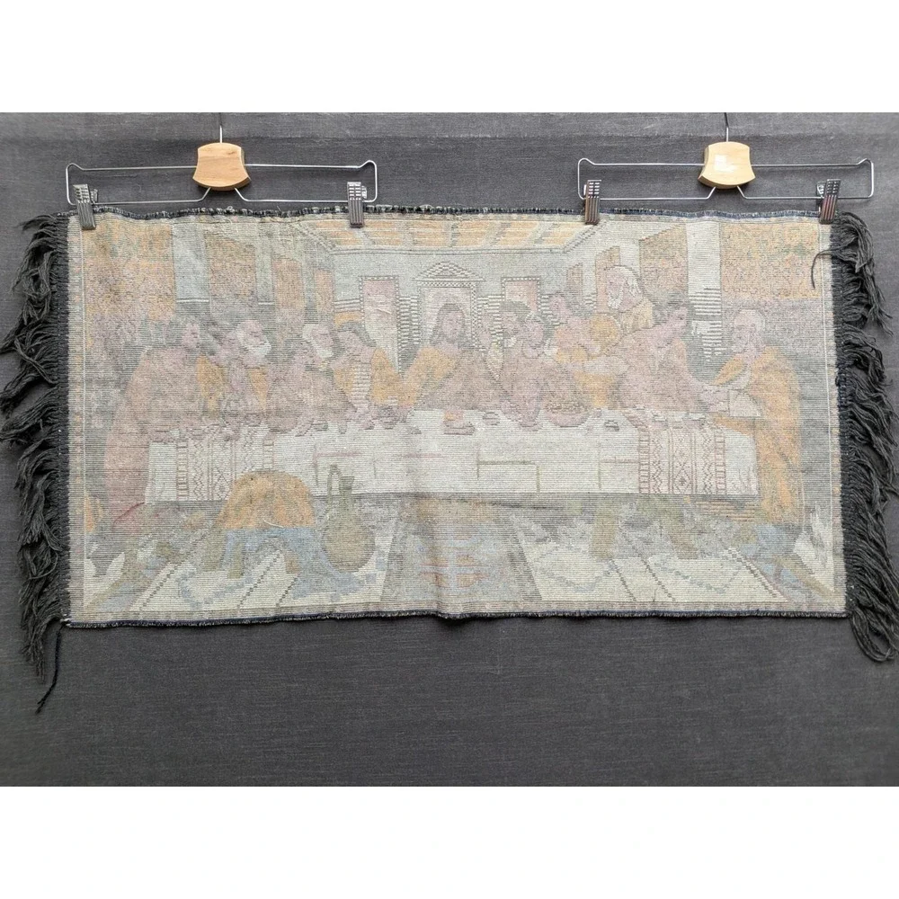 Vintage Jesus & The Last Supper Woven Tapestry Velvet Wall Rug Hanging 39